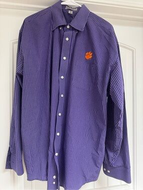 Purple Checked Long-Sleeve Button-Down Shirt with Orange Paw Accent